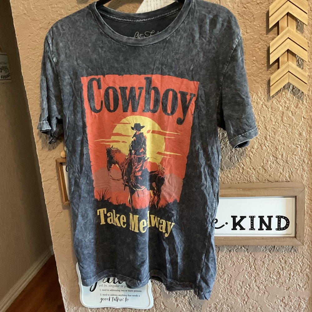 Lotus Fashions Gray Mineral Washed Cowboy Take Me Away Graphic T-Shirt Small